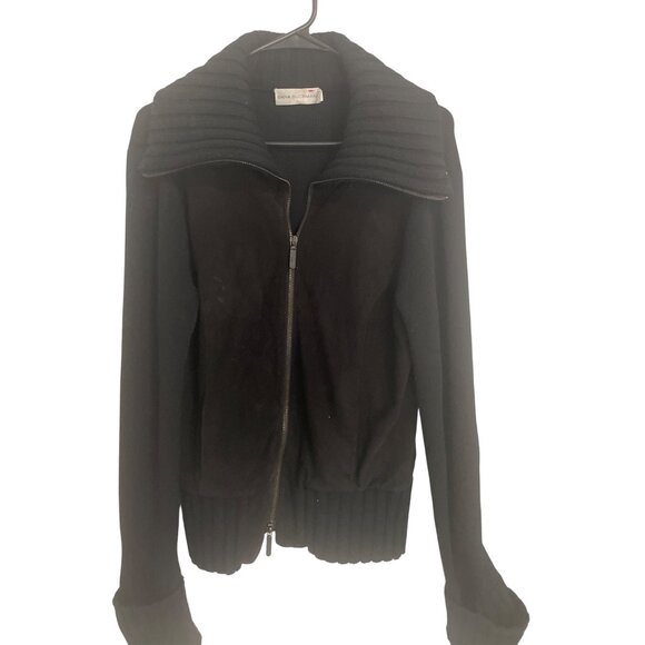 Dana Buchman Womens Black Knit & Suede Zip-Up Cardigan Sweater Jacket Size S War - Picture 1 of 7